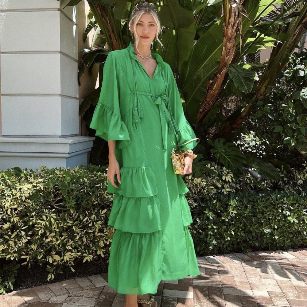 IRIS APFEL x H&M GREEN LONG FLOWY RUFFLED KAFTAN KIMONO STYLE DRESS